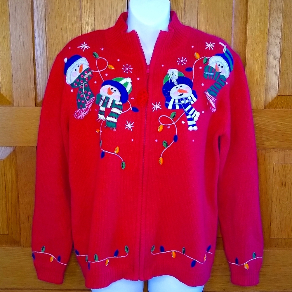 Vintage Heirloom Collectables snowman holiday zip up cardigan sweater